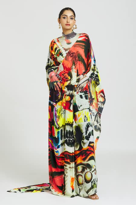 Buy_Huemn_Multi Color Silk, Crepe Return Of The Gorilla Print Pant Saree _Online_at_Aza_Fashions