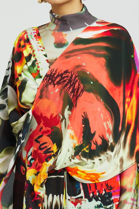 Shop_Huemn_Multi Color Silk, Crepe Return Of The Gorilla Print Pant Saree _Online_at_Aza_Fashions