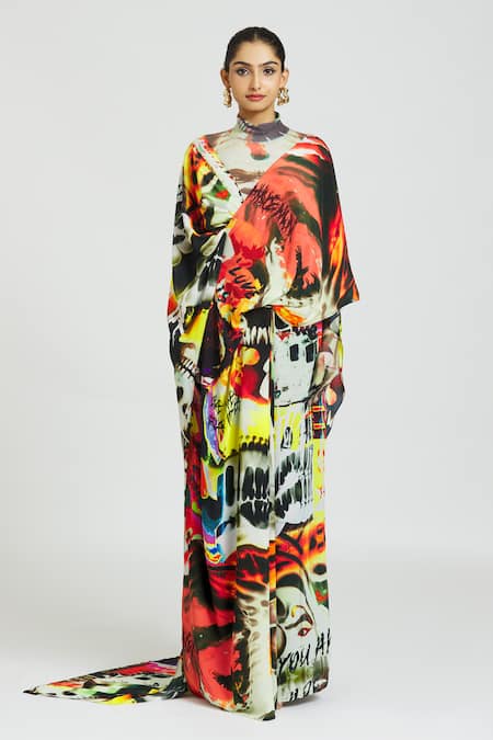 Huemn_Multi Color Silk, Crepe Return Of The Gorilla Print Pant Saree _at_Aza_Fashions