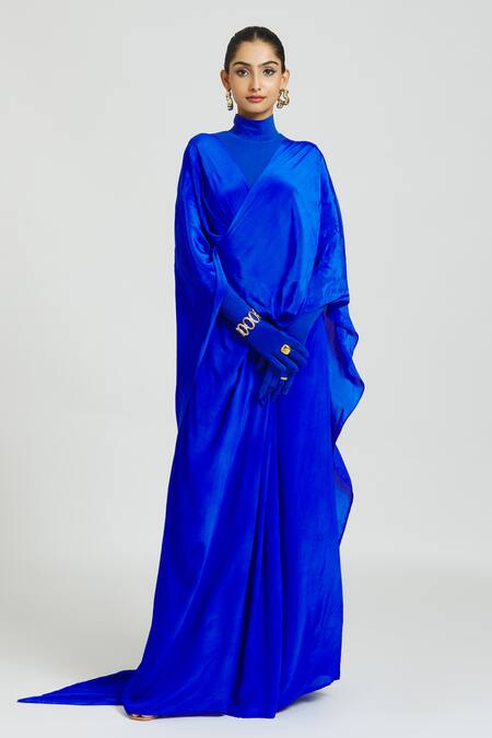 Huemn Blue Silk Plain Dual Pallu Pant Saree Online at Aza Fashions Huemn_Blue Silk Plain Dual Pallu Pant Saree _Online_at_Aza_Fashions