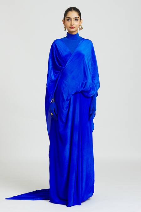 Huemn Blue Silk Plain Dual Pallu Pant Saree at Aza Fashions Huemn_Blue Silk Plain Dual Pallu Pant Saree _at_Aza_Fashions