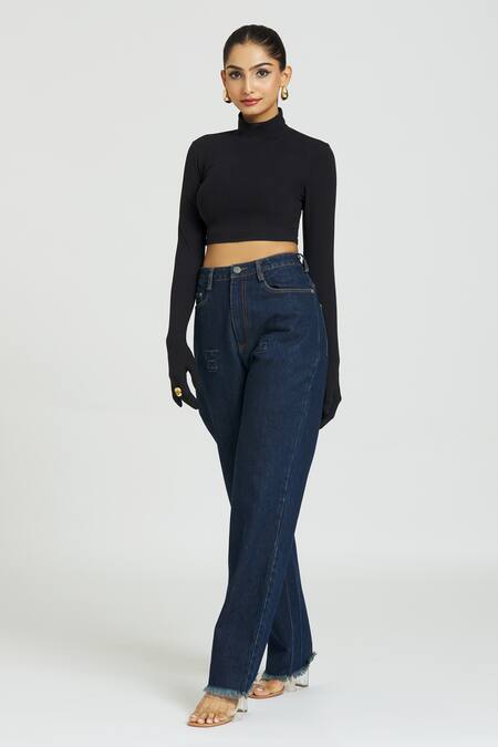 Huemn_Black Cotton Turtle Neck Plain Gloved Sleeves Crop Top _Online_at_Aza_Fashions