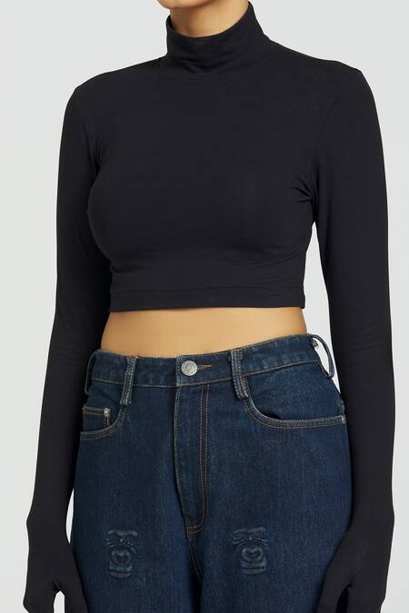 Shop_Huemn_Black Cotton Turtle Neck Plain Gloved Sleeves Crop Top _Online_at_Aza_Fashions