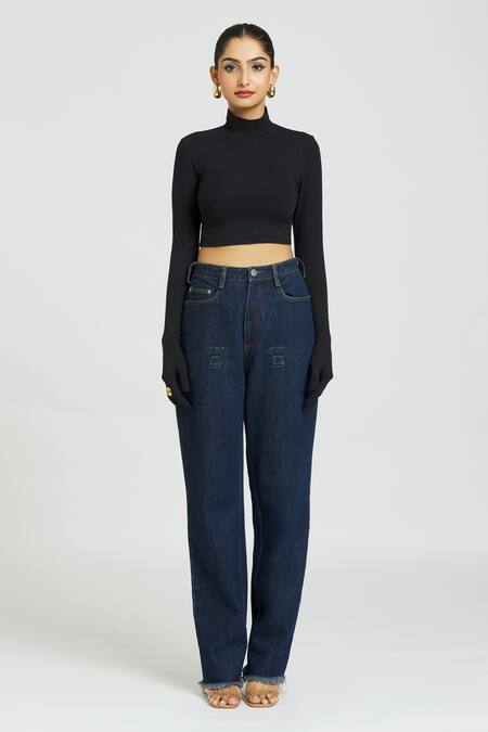 Huemn_Black Cotton Turtle Neck Plain Gloved Sleeves Crop Top _at_Aza_Fashions