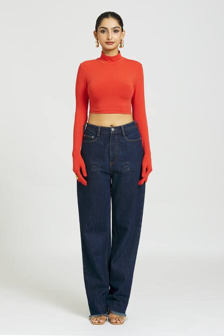 Huemn Red Cotton Turtle Neck Solid Gloved Sleeves Crop Top Online at Aza Fashions Huemn_Red Cotton Turtle Neck Solid Gloved Sleeves Crop Top _Online_at_Aza_Fashions