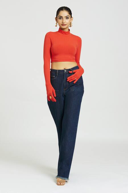 Buy Huemn Red Cotton Turtle Neck Solid Gloved Sleeves Crop Top Online at Aza Fashions Buy_Huemn_Red Cotton Turtle Neck Solid Gloved Sleeves Crop Top _Online_at_Aza_Fashions