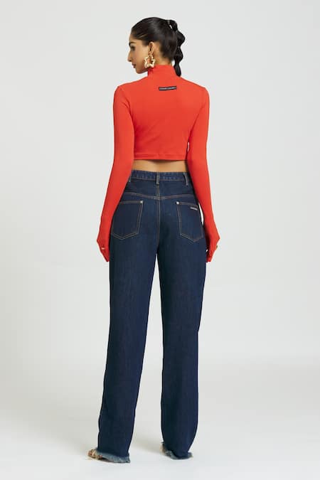 Shop Huemn Red Cotton Turtle Neck Solid Gloved Sleeves Crop Top at Aza Fashions Shop_Huemn_Red Cotton Turtle Neck Solid Gloved Sleeves Crop Top _at_Aza_Fashions