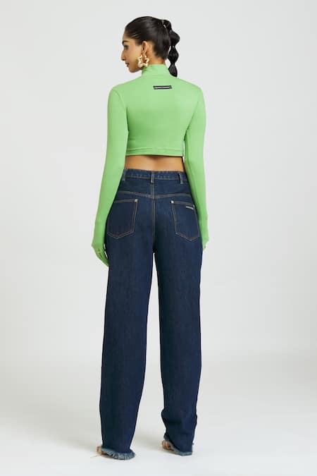 Shop Huemn Green Cotton Turtle Neck Solid Crop Top at Aza Fashions Shop_Huemn_Green Cotton Turtle Neck Solid Crop Top _at_Aza_Fashions