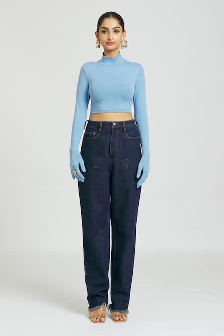 Huemn Blue Cotton Turtle Neck Plain Crop Top Online at Aza Fashions Huemn_Blue Cotton Turtle Neck Plain Crop Top _Online_at_Aza_Fashions
