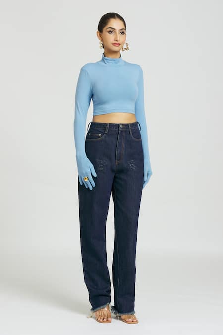 Buy Huemn Blue Cotton Turtle Neck Plain Crop Top Online at Aza Fashions Buy_Huemn_Blue Cotton Turtle Neck Plain Crop Top _Online_at_Aza_Fashions