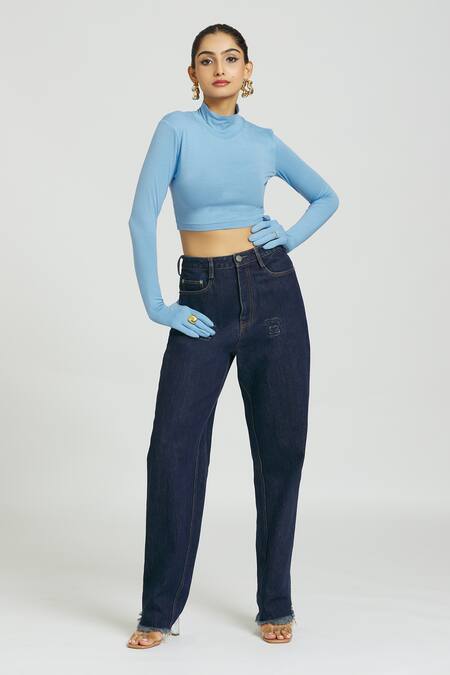 Shop Huemn Blue Cotton Turtle Neck Plain Crop Top Online at Aza Fashions Shop_Huemn_Blue Cotton Turtle Neck Plain Crop Top _Online_at_Aza_Fashions