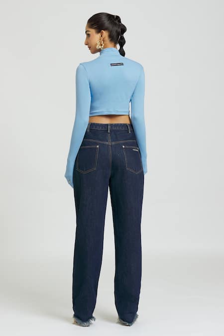Shop Huemn Blue Cotton Turtle Neck Plain Crop Top at Aza Fashions Shop_Huemn_Blue Cotton Turtle Neck Plain Crop Top _at_Aza_Fashions