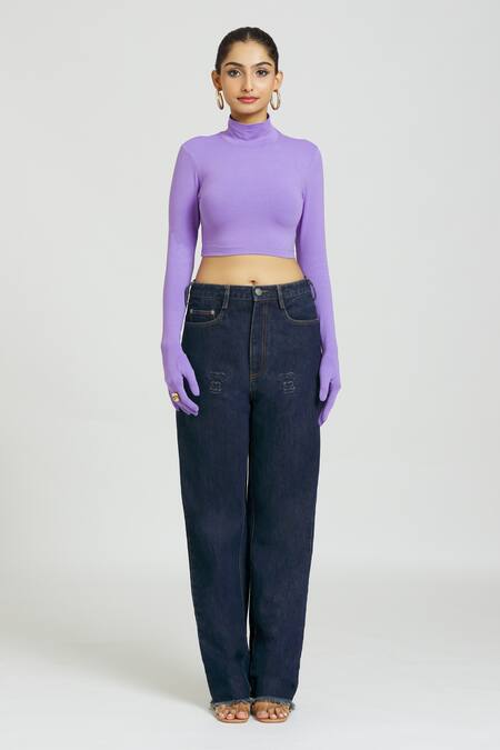 Huemn Purple Cotton Turtle Neck Crop Top Online at Aza Fashions Huemn_Purple Cotton Turtle Neck Crop Top _Online_at_Aza_Fashions