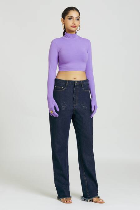 Buy Huemn Purple Cotton Turtle Neck Crop Top Online at Aza Fashions Buy_Huemn_Purple Cotton Turtle Neck Crop Top _Online_at_Aza_Fashions
