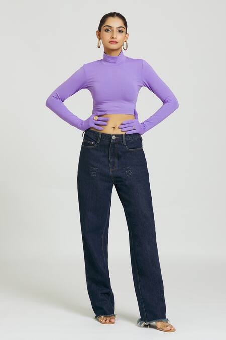 Shop Huemn Purple Cotton Turtle Neck Crop Top Online at Aza Fashions Shop_Huemn_Purple Cotton Turtle Neck Crop Top _Online_at_Aza_Fashions