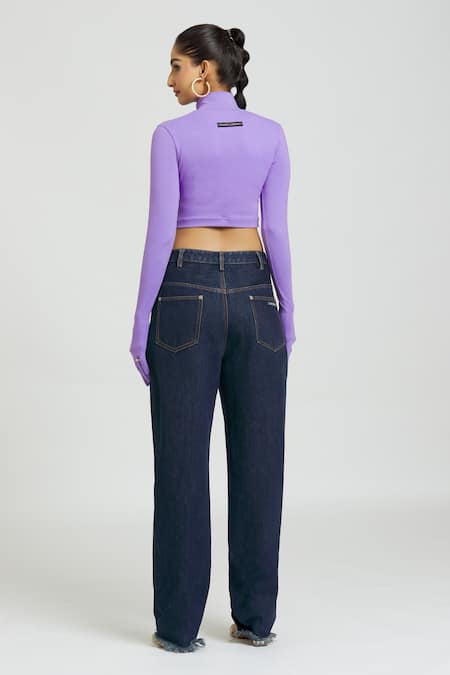 Shop Huemn Purple Cotton Turtle Neck Crop Top at Aza Fashions Shop_Huemn_Purple Cotton Turtle Neck Crop Top _at_Aza_Fashions