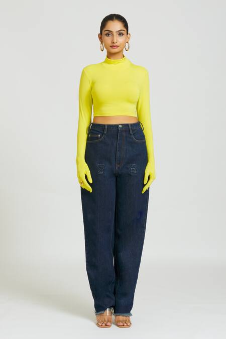 Huemn Yellow Cotton Turtle Neck Gloved Sleeves Crop Top Online at Aza Fashions Huemn_Yellow Cotton Turtle Neck Gloved Sleeves Crop Top _Online_at_Aza_Fashions