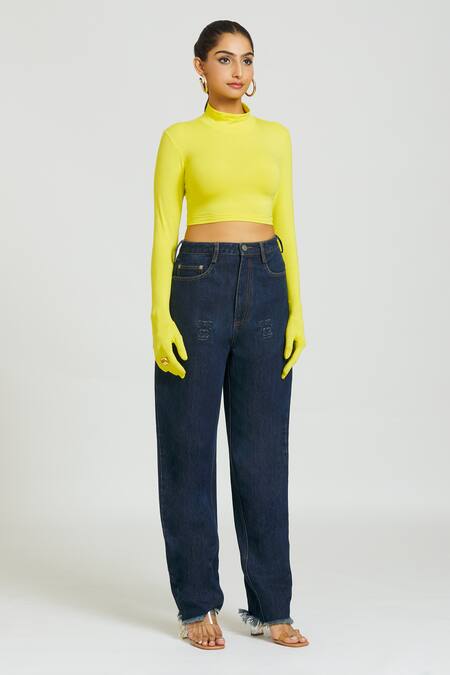 Buy Huemn Yellow Cotton Turtle Neck Gloved Sleeves Crop Top Online at Aza Fashions Buy_Huemn_Yellow Cotton Turtle Neck Gloved Sleeves Crop Top _Online_at_Aza_Fashions