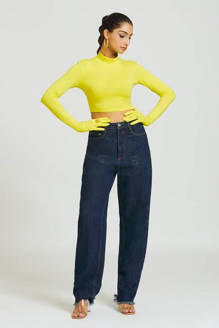 Shop Huemn Yellow Cotton Turtle Neck Gloved Sleeves Crop Top Online at Aza Fashions Shop_Huemn_Yellow Cotton Turtle Neck Gloved Sleeves Crop Top _Online_at_Aza_Fashions