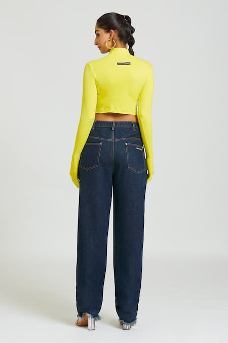 Shop Huemn Yellow Cotton Turtle Neck Gloved Sleeves Crop Top at Aza Fashions Shop_Huemn_Yellow Cotton Turtle Neck Gloved Sleeves Crop Top _at_Aza_Fashions