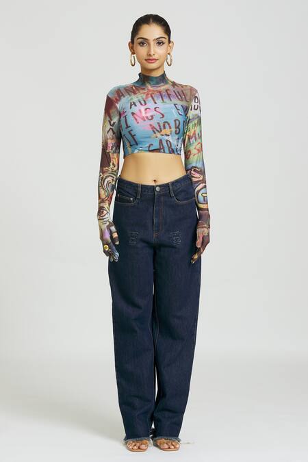 Buy Multi Color Spandex Print Graffiti Turtle Neck Crop Top For Women by  Huemn Online at Aza Fashions.