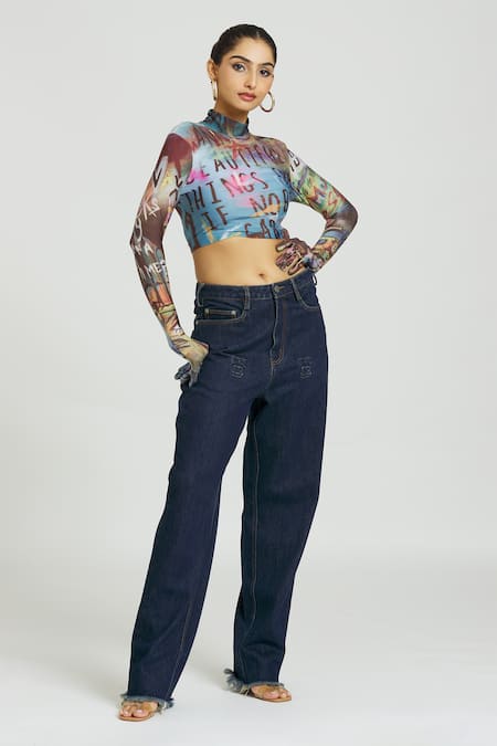Shop Huemn Multi Color Spandex Turtle Neck Graffiti Print Crop Top Online at Aza Fashions Shop_Huemn_Multi Color Spandex Turtle Neck Graffiti Print Crop Top _Online_at_Aza_Fashions