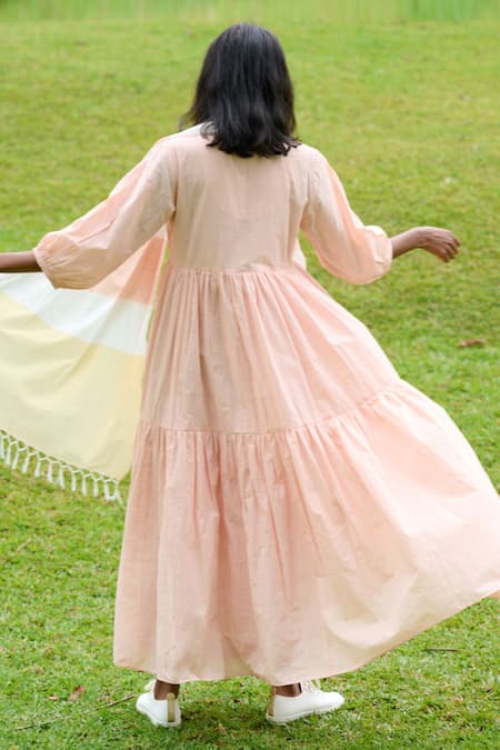Shop Mantra Peach Handloom , Tassels Keyhole Neck Multi Tiered Dress With Stole at Aza Fashions Shop_Mantra_Peach Handloom , Tassels Keyhole Neck Multi Tiered Dress With Stole _at_Aza_Fashions