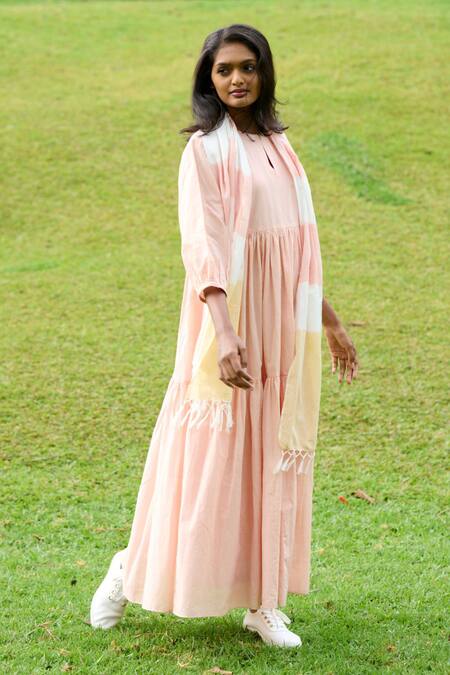 Mantra Peach Handloom , Tassels Keyhole Neck Multi Tiered Dress With Stole Online at Aza Fashions Mantra_Peach Handloom , Tassels Keyhole Neck Multi Tiered Dress With Stole _Online_at_Aza_Fashions