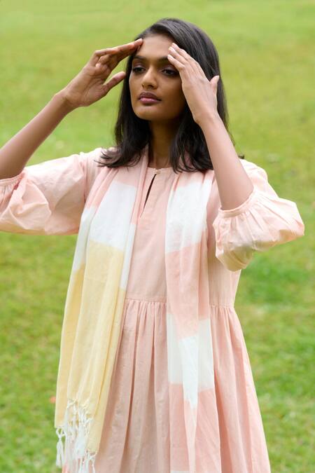 Buy Mantra Peach Handloom , Tassels Keyhole Neck Multi Tiered Dress With Stole Online at Aza Fashions Buy_Mantra_Peach Handloom , Tassels Keyhole Neck Multi Tiered Dress With Stole _Online_at_Aza_Fashions