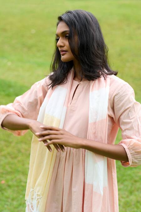 Shop Mantra Peach Handloom , Tassels Keyhole Neck Multi Tiered Dress With Stole Online at Aza Fashions Shop_Mantra_Peach Handloom , Tassels Keyhole Neck Multi Tiered Dress With Stole _Online_at_Aza_Fashions