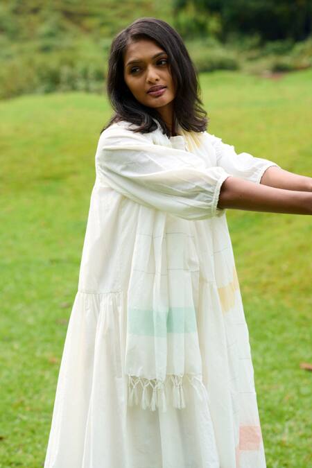 Shop Mantra Ivory Handloom , Chanderi Keyhole Tiered Dress With Striped Stole Online at Aza Fashions Shop_Mantra_Ivory Handloom , Chanderi Keyhole Tiered Dress With Striped Stole _Online_at_Aza_Fashions