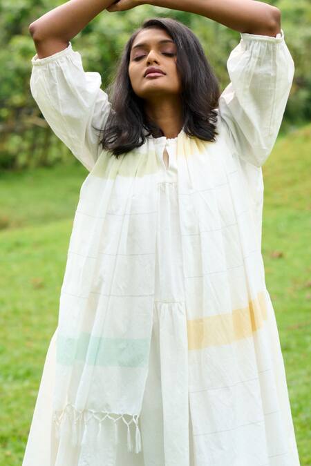 Mantra Ivory Handloom , Chanderi Keyhole Tiered Dress With Striped Stole at Aza Fashions Mantra_Ivory Handloom , Chanderi Keyhole Tiered Dress With Striped Stole _at_Aza_Fashions