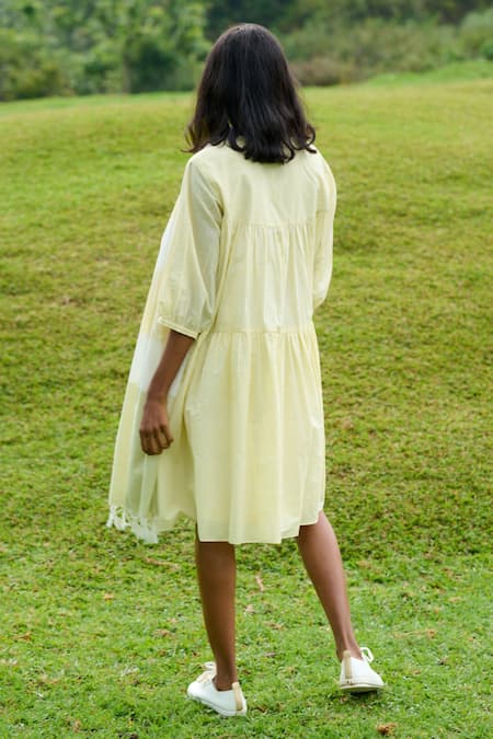 Shop Mantra Yellow Handloom Cotton Tassels Keyhole Neck Tiered Dress With Stole at Aza Fashions Shop_Mantra_Yellow Handloom Cotton Tassels Keyhole Neck Tiered Dress With Stole _at_Aza_Fashions