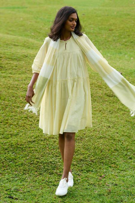 Mantra Yellow Handloom Cotton Tassels Keyhole Neck Tiered Dress With Stole Online at Aza Fashions Mantra_Yellow Handloom Cotton Tassels Keyhole Neck Tiered Dress With Stole _Online_at_Aza_Fashions