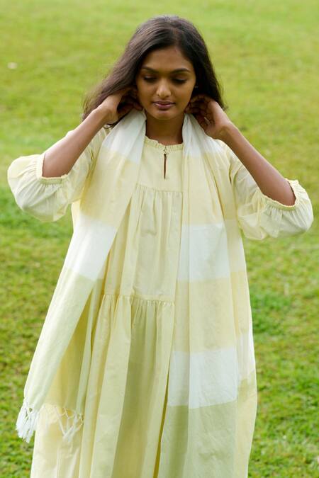 Shop Mantra Yellow Handloom Cotton Tassels Keyhole Neck Tiered Dress With Stole Online at Aza Fashions Shop_Mantra_Yellow Handloom Cotton Tassels Keyhole Neck Tiered Dress With Stole _Online_at_Aza_Fashions