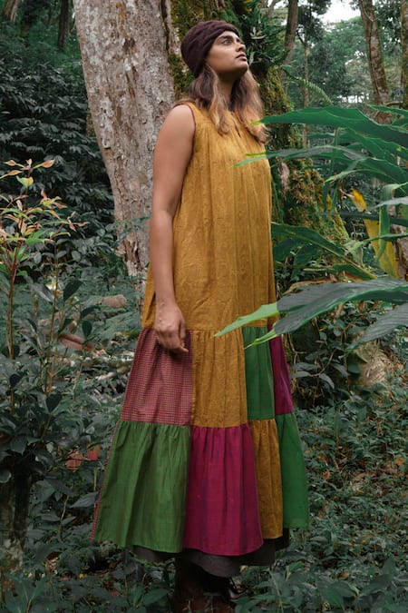 Shop Mantra Yellow Cotton, Muslin Patchwork Keyhole Neck Liberty Print Work Dress at Aza Fashions Shop_Mantra_Yellow Cotton, Muslin Patchwork Keyhole Neck Liberty Print Work Dress _at_Aza_Fashions