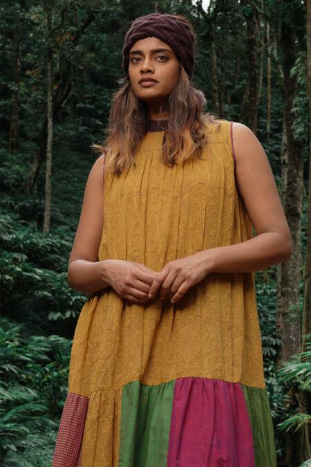 Mantra Yellow Cotton, Muslin Patchwork Keyhole Neck Liberty Print Work Dress Online at Aza Fashions Mantra_Yellow Cotton, Muslin Patchwork Keyhole Neck Liberty Print Work Dress _Online_at_Aza_Fashions