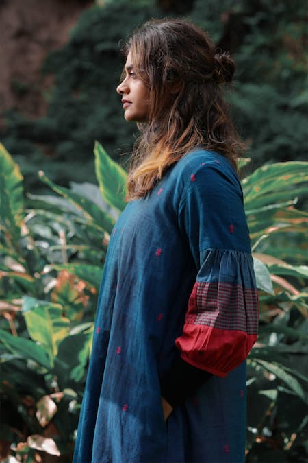 Buy Mantra Blue Handloom Cotton, Maheshwari Patchwork Kingfisher Handwoven A-line Dress Online at Aza Fashions Buy_Mantra_Blue Handloom Cotton, Maheshwari Patchwork Kingfisher Handwoven A-line Dress _Online_at_Aza_Fashions