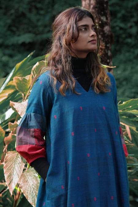 Shop Mantra Blue Handloom Cotton, Maheshwari Patchwork Kingfisher Handwoven A-line Dress Online at Aza Fashions Shop_Mantra_Blue Handloom Cotton, Maheshwari Patchwork Kingfisher Handwoven A-line Dress _Online_at_Aza_Fashions