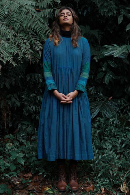 Shop Mantra Blue Handloom Cotton, Maheshwari Patchwork Forest Rivulet Handwoven Tiered Dress at Aza Fashions Shop_Mantra_Blue Handloom Cotton, Maheshwari Patchwork Forest Rivulet Handwoven Tiered Dress _at_Aza_Fashions