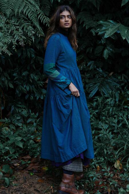 Mantra Blue Handloom Cotton, Maheshwari Patchwork Forest Rivulet Handwoven Tiered Dress Online at Aza Fashions Mantra_Blue Handloom Cotton, Maheshwari Patchwork Forest Rivulet Handwoven Tiered Dress _Online_at_Aza_Fashions