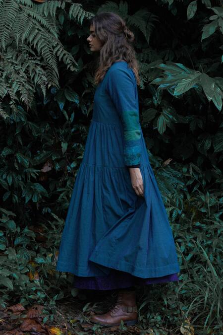 Shop Mantra Blue Handloom Cotton, Maheshwari Patchwork Forest Rivulet Handwoven Tiered Dress Online at Aza Fashions Shop_Mantra_Blue Handloom Cotton, Maheshwari Patchwork Forest Rivulet Handwoven Tiered Dress _Online_at_Aza_Fashions