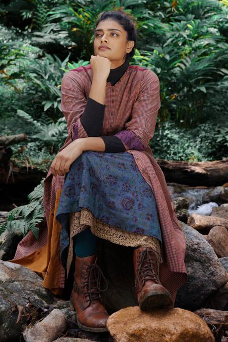 Buy Mantra Pink Handloom Cotton Patchwork Round Neck Autumn Melange Checkered Shirt Dress Online at Aza Fashions Buy_Mantra_Pink Handloom Cotton Patchwork Round Neck Autumn Melange Checkered Shirt Dress _Online_at_Aza_Fashions