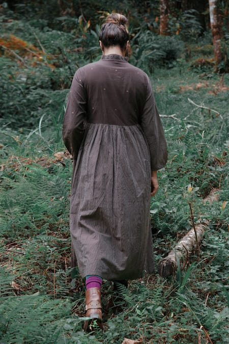 Shop Mantra Brown Handloom Cotton, Maheshwari Asymmetric Dark Cedar Pinstripe Panelled Dress at Aza Fashions Shop_Mantra_Brown Handloom Cotton, Maheshwari Asymmetric Dark Cedar Pinstripe Panelled Dress _at_Aza_Fashions