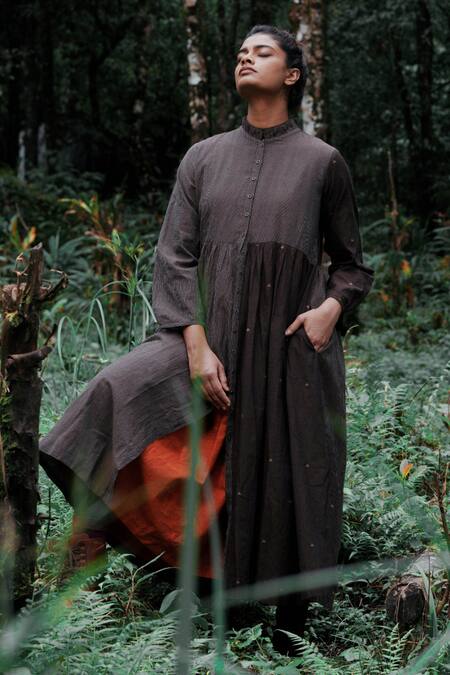 Mantra Brown Handloom Cotton, Maheshwari Asymmetric Dark Cedar Pinstripe Panelled Dress Online at Aza Fashions Mantra_Brown Handloom Cotton, Maheshwari Asymmetric Dark Cedar Pinstripe Panelled Dress _Online_at_Aza_Fashions