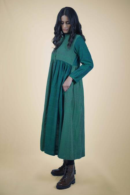 Mantra Green Handloom Cotton Patchwork Collared Yuletide Pinstripe Panelled Dress Online at Aza Fashions Mantra_Green Handloom Cotton Patchwork Collared Yuletide Pinstripe Panelled Dress _Online_at_Aza_Fashions