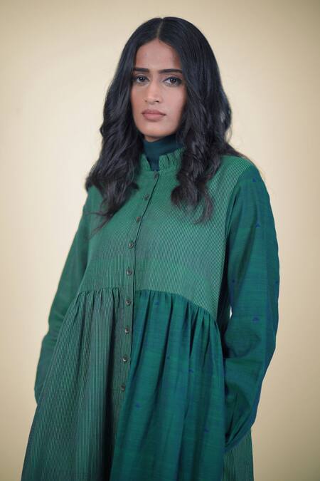 Shop Mantra Green Handloom Cotton Patchwork Collared Yuletide Pinstripe Panelled Dress Online at Aza Fashions Shop_Mantra_Green Handloom Cotton Patchwork Collared Yuletide Pinstripe Panelled Dress _Online_at_Aza_Fashions