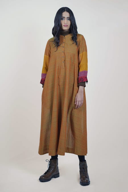 MANTRA Brown Handloom Cotton Handwoven And Patch Spiced Honey A-line Dress 