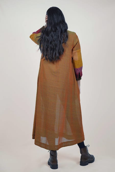 Shop Mantra Brown Handloom Cotton, Maheshwari Spiced Honey Checkered A-line Dress at Aza Fashions Shop_Mantra_Brown Handloom Cotton, Maheshwari Spiced Honey Checkered A-line Dress _at_Aza_Fashions