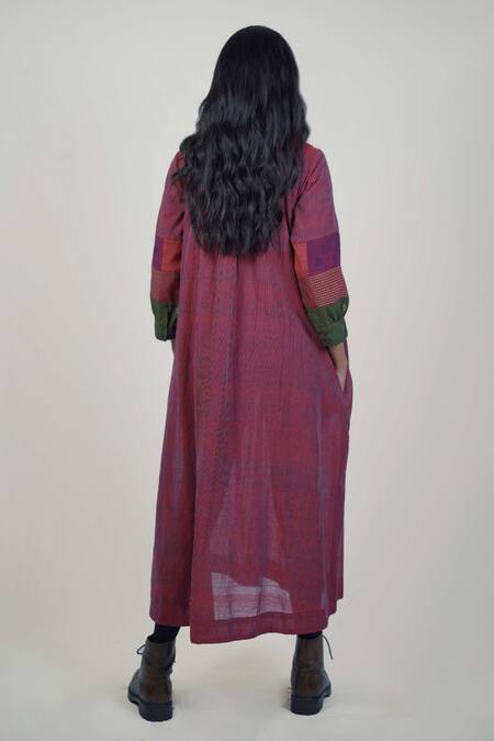 Shop Mantra Wine Handloom Cotton, Maheshwari Embroidery, Pinstripe Pattern A-line Dress at Aza Fashions Shop_Mantra_Wine Handloom Cotton, Maheshwari Embroidery, Pinstripe Pattern A-line Dress _at_Aza_Fashions